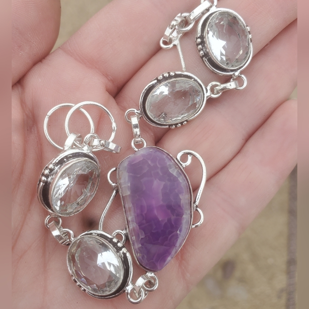 New Purple Dragon Veins Agate & White Topaz 925 Silver Bracelet.